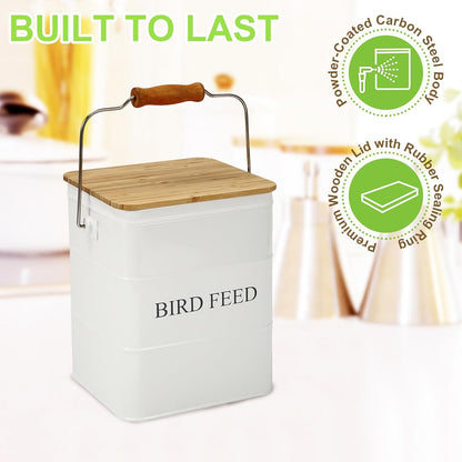 Bird Seeds storage container,Bird Seed Container,Metal food tin for Birds, pet snacks Canisters with wooden lid/handle/sevice scoop,hold 5-6 lbs