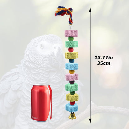 2 Pack Mineral Block Chew Toys with Colorful Beads and a Bell, Bird Beak Grinding Stone, Cage Accessories for African Grey, Budgies, Cockatiels, Small to Medium Birds