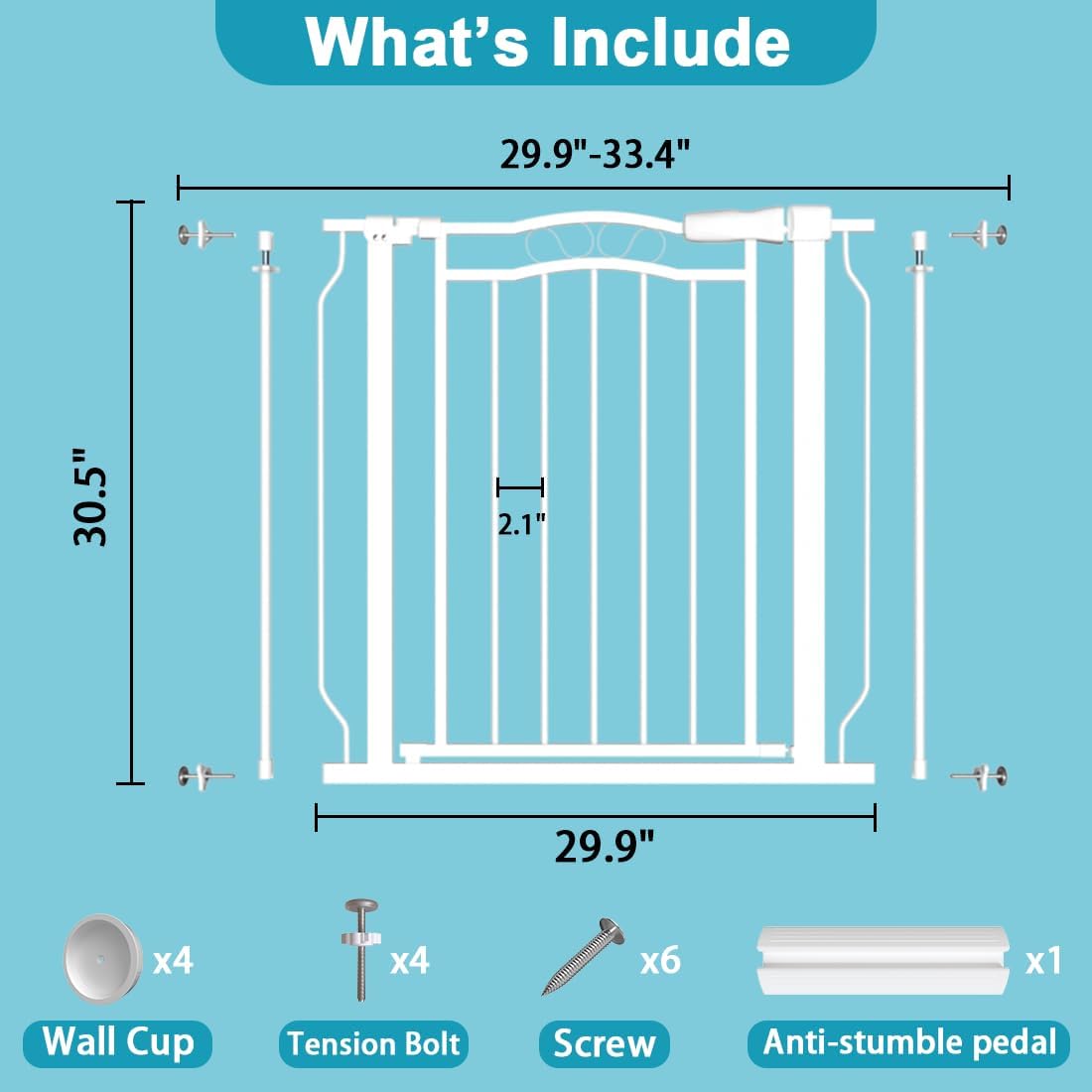 29.9-33.4 in Wide Baby Gate for Stairs Doorways, Auto Close Child Safety Gates Indoor for Dogs Pets, Pressure Mounted Metal Barrier Kids Toddler Door Walk Through, 30" Tall, White