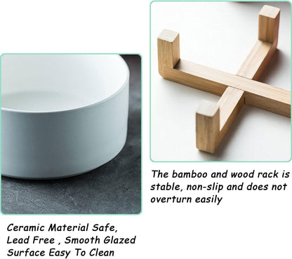 Petygooing White Ceramic Cat Dog Bowl Set with Stand,Small Dog Bowls,Pet Food and Water Dish, Anti Slip Set of 2 Cat Bowls Pet Food Bowl- Pet Dish Small Size Pet (13.5OZ/5.1 in)