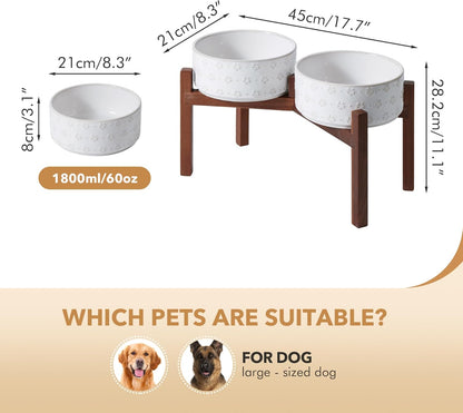 8.2inch Ceramic Raised Double Bowls Set with Acacia Wooden Stand, Food & Water Bowls for Large Breed Dogs, Weighted Dog Dishes, Pet Bowl(60OZ, Arctic White)