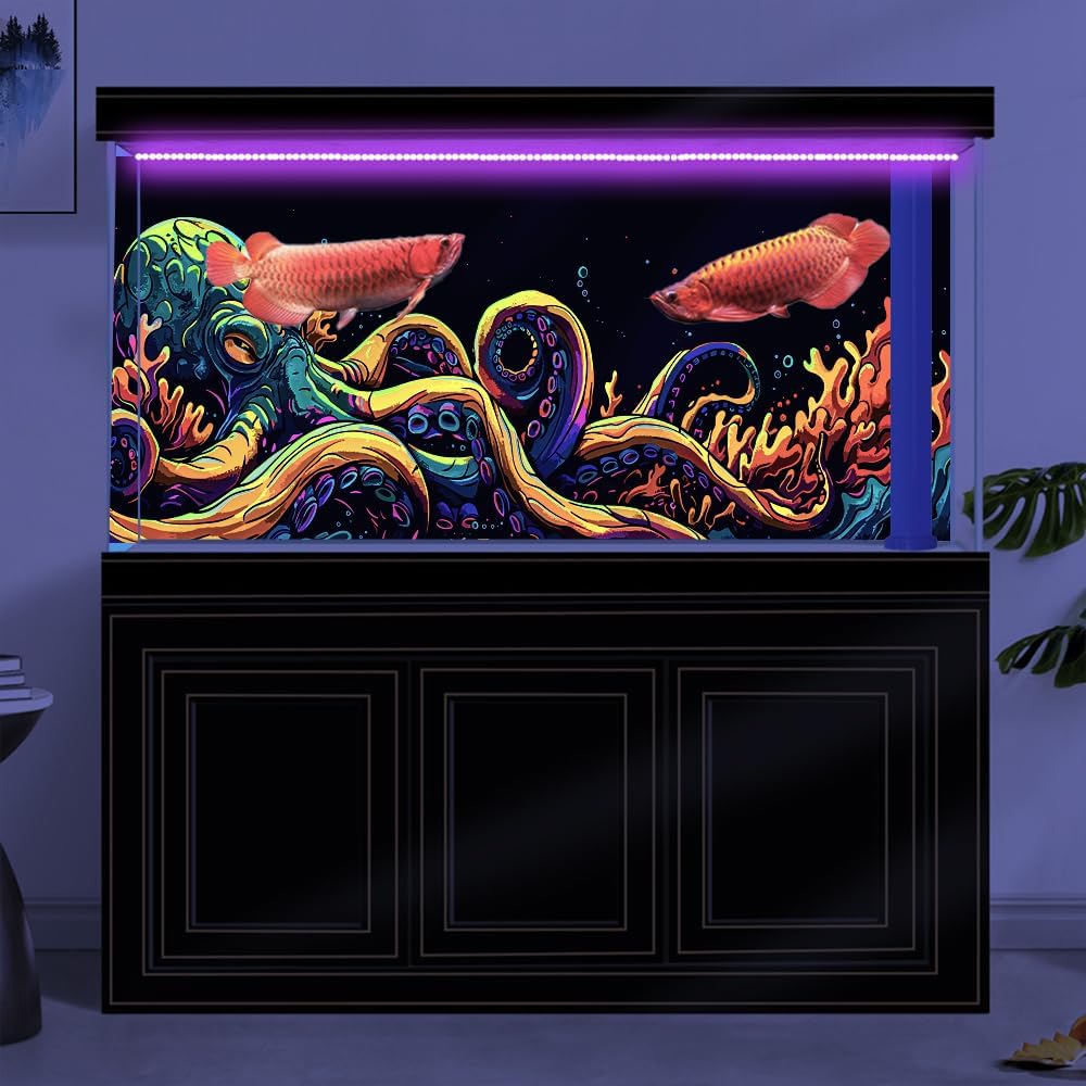 72X24IN Blacklight Octopus Sea Monster HD 3D Black Light Aquarium Background UV Reactive Background Terrarium Background with 10 EVA Double-Sided Tape