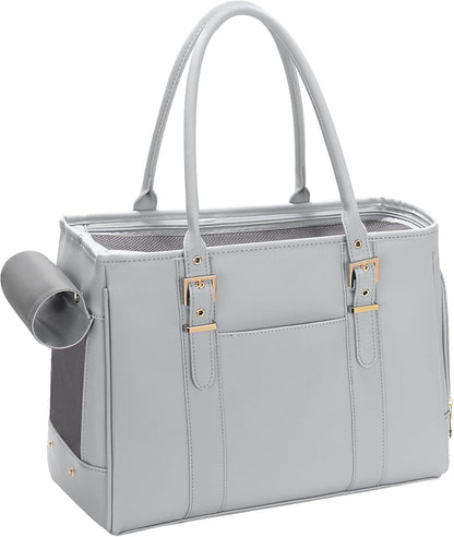 Fashion Pet Carrier Dog Purse Cat Bag Soft-Sided Carriers Travel Airline Approved, Stylish Leather Tote Handbag for Small Animal Puppy Kitten (Grey)