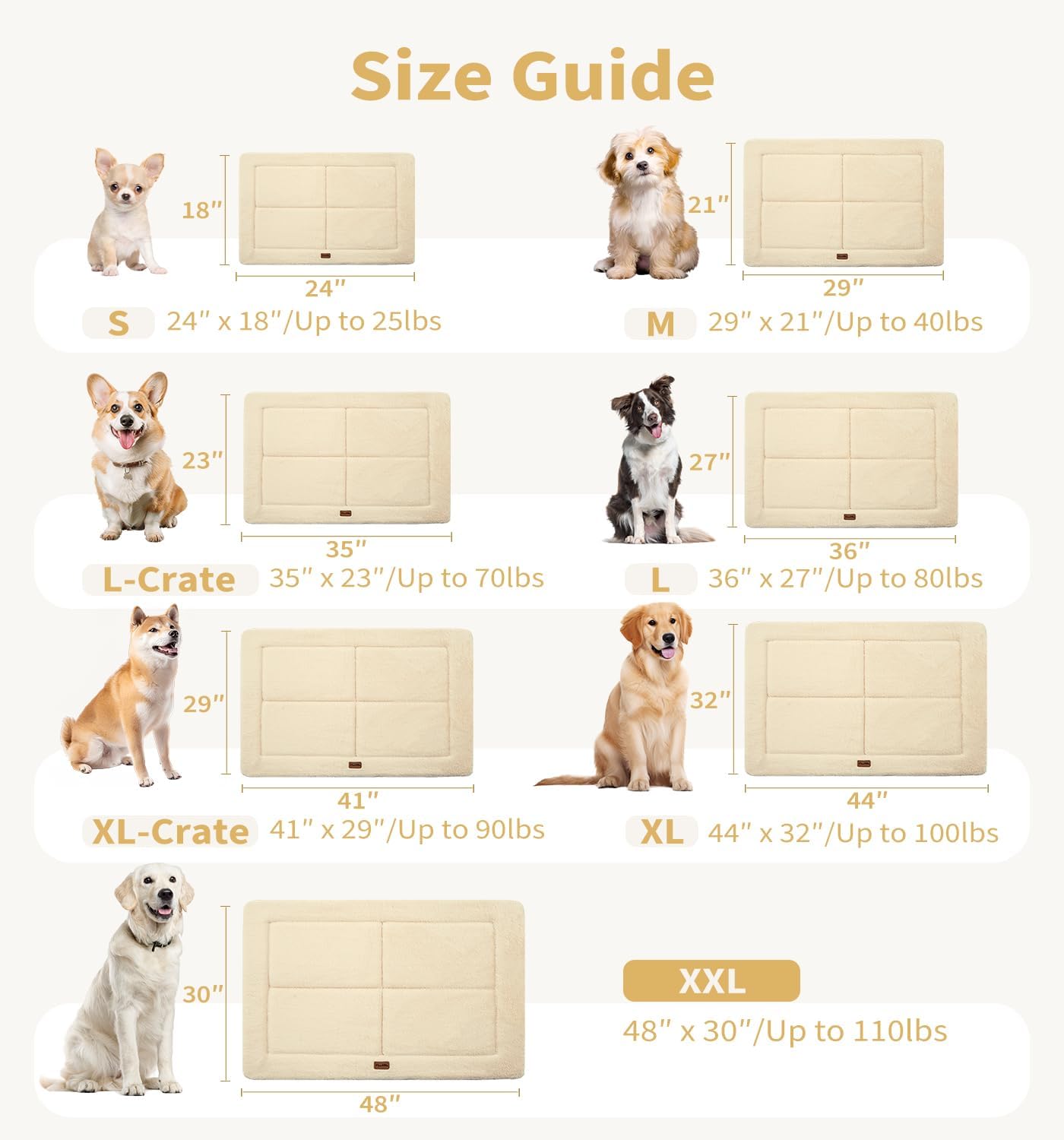MADE 4 PETS Dog Crate Pad Bed for Large Dogs, Washable & Reversible, Anti-Slip Kennel Mat for Cozy Sleeping, Soft Fluffy Dog Bed for Indoor & Outdoor Use, 44"x32", Beige