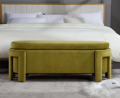 Kmax 50" Storage Ottoman Bench Modern Velvet Entryway Bench Comfy Upholstered End of Bed Bench for Hallway Entrance Bedroom Corner, Olive Green