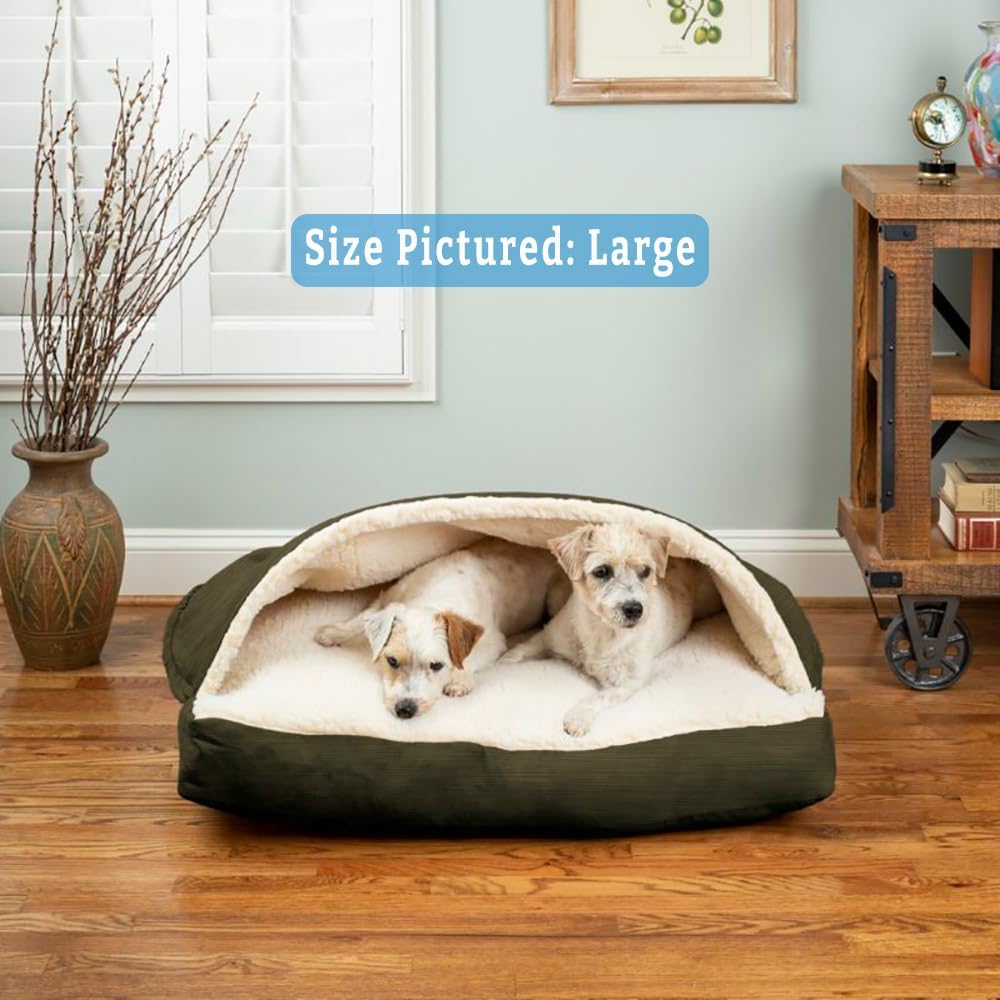 Snoozer Rectangle Cozy Cave Dog Bed - Indoor Dog Bed with Cover Cave, Covered Calming Burrow for Medium & Large Sized Pets with Blanket Attached, Enclosed, Washable - Large, Olive