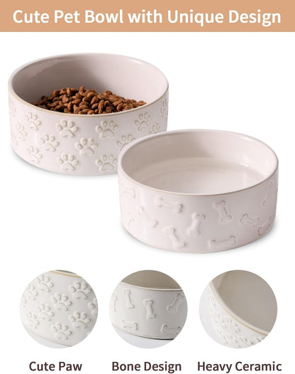UBEE Ceramic Dog Bowl Set of 2, 6.1 inch Dog Food Bowl Dish with Bone Paw Pattern, Pet Food Water Dish Feeding for Small and Meidum Dogs and Large Cat, White