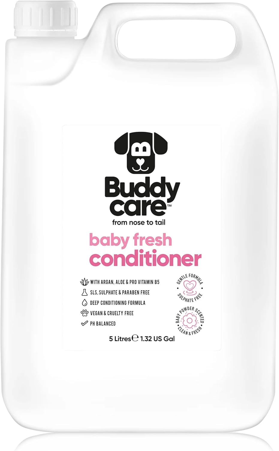 Baby Fresh Dog Conditioner (169.07oz) Made with Aloe Vera, Argan Oil & Pro Vitamin B5 to Detangle Matted Coats & Relieve Sensitive & Itchy Skin, Suitable for Puppies from 8 Weeks, Vegan