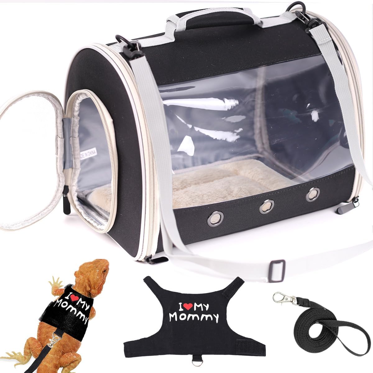 Small Animal Travel Backpack Carrier,Portable Bearded Dragon Bag for Sugar Glider,Hedgehog,Rat,Bunny,Rat,Outdoor Used (Black, Carrier L+ I Leash)
