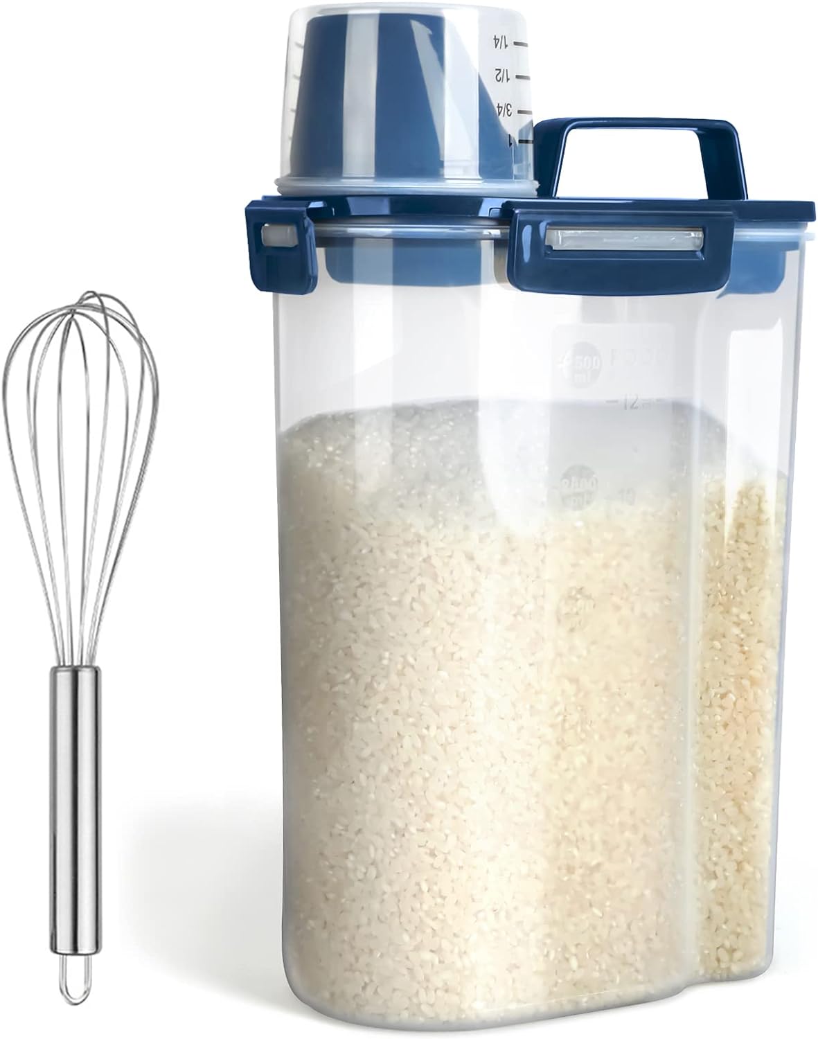 Rice Airtight Dry Food Storage Containers, BPA Free Plastic Storage Bin Dispenser with Pourable Spout, Measuring cup for Cereal, Flour and Baking Supplies Blue