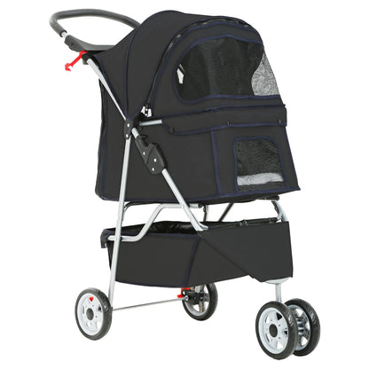 Pet Stroller Dog Stroller Portable Travel 3 Wheel Foldable Cat Stroller with Storage Basket and Cup Holder for Small and Medium Cats,Dogs,Puppy,Black