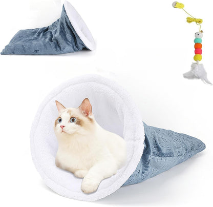 Cozy Cat Winter Sleeping Bag - Self-Warming 360 Wrap Cave Bed, Soft Plush Large Sack for Indoor Cats (B)