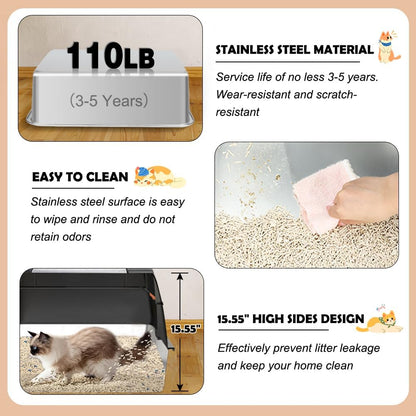 Vivifying Stainless Steel Litter Box, XL Side Entry Extra Large Litter Box with Lid for Big Cats & Kitty, Removable Enclosed Metal Cat Pan with High Sided Enclosure, Scoop, Mat, Footboard (Black)