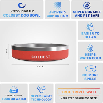 Coldest Dog Bowl - Anti Rust Metal, Non Slip, 3 Layers Insulated Stainless Steel Dog Bowls - Spill Proof & Heavy Duty - Water Bowl for Dogs, Cats & Pets, Dish Washer Safe (21 oz, Red)