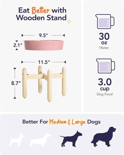 LE TAUCI Ceramic Slow Feeder Dog Bowls Elevated, 3 Cup Raised Bowl with Wooden Stand for Medium Large Breed, Slow Down Eating, Puzzle Dog Food Bowl, Pink Bloom