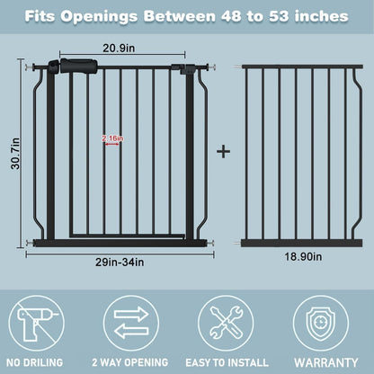 48-53 Inch Extra Wide Baby Gate for Stairs, Safety Dog Gate for Doorways, Pressure Mounted Walk Through Child Gate for Kids Pets No Drill Indoor and Outdoor, Black