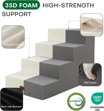 Dog Stairs for High Bed, Dog Steps for Bed Couch Sofa, 35D Foam Extra Wide Pet Steps for Small Dogs and Cats, Pet Stairs with Non-Slip Bottom Beige, 4 Steps