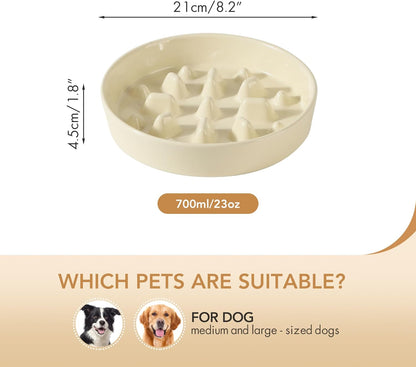 Ceramic 8.2 inch Dog Bowl Slow Feeder, Slow Pet Food Dish for Medium and Large Dog, Stop Bloat, Preventing Choking(Single Bowl, Beige)