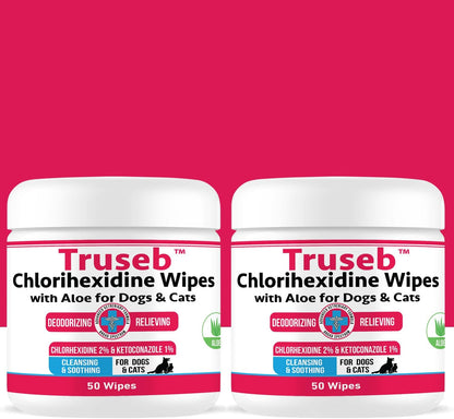 Truseb Topical for Dogs, Cats and Horses - with Aloe for Cleansing (Ketoconazole & Chlorhexidine Wipes, 100 Count)