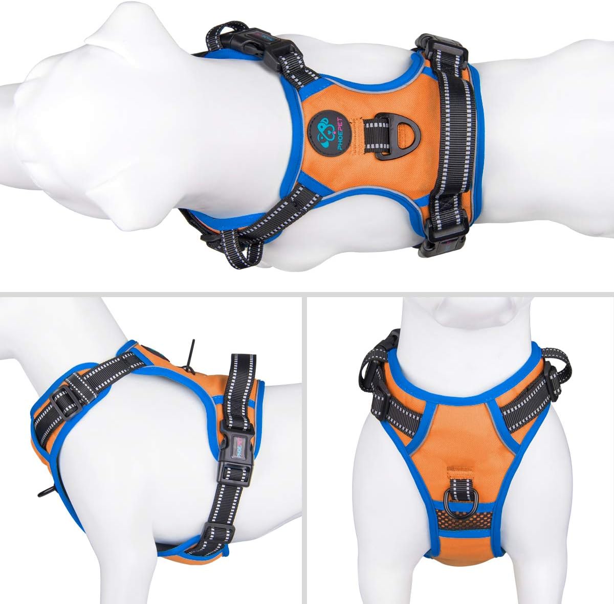 PHOEPET 2019 Reflective Dog Harness Large Breed Adjustable No Pull Vest with with Handle 2 Metal Rings 3 Buckles [Easy to Put on & Take Off](XL,Orange)