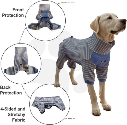 Dog Pyjamas PJS Sweater Clothes and Home Clothing Suitable for Medium to Large Breeds of Dogs, Dog Neutering Suits, Extra-Large Stretch Fabric, Four-Legged (Thickened Blue Stripes, 2XL)