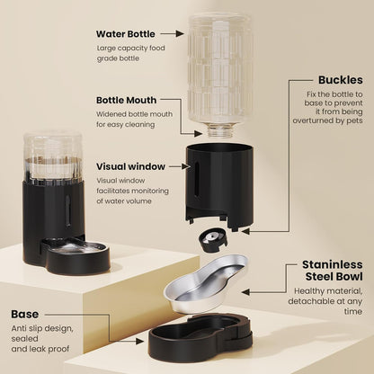 CZPET Automatic 4L/135Oz/1Gal Cat Water Dispenser with Stainless Steel Bowl, Gravity Waterer for Small Medium Dog Puppy Kitten (Black)