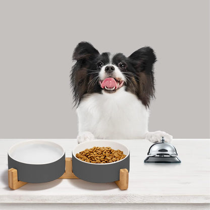 SPUNKYJUNKY Ceramic Dog and Cat Bowl Set with Wooden Stand, Modern Cute Weighted Food Water Set for Small Size Dogs (13.5OZ) & Medium Sized Dogs (28.7OZ) & Cats (1.7 Cups, 2 × White-Grey)