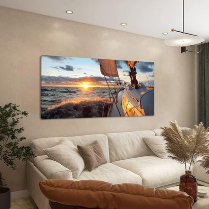 Yacht Sailing in Sea at Sunset Scenery Canvas Wall Art for Living Room Bathroom,Close-up View of Deck Mast Sails Picture Print Artwork Painting Decor,Epic Seascape Scenic Landscape,Inner Frame 30x60