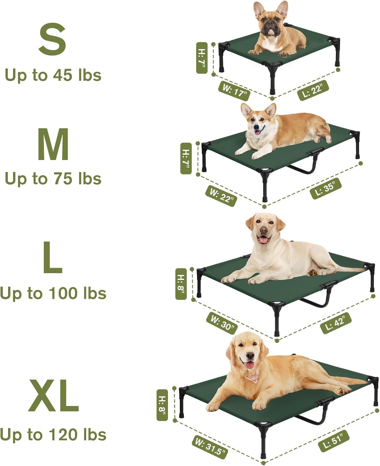 Outdoor Elevated Dog Beds Medium Sized Dog, Cooling Raised Dogs Cots Bed with Breathable Mesh, Portable Lifted Pet Hammock, Non-Slip Feet, Green, M
