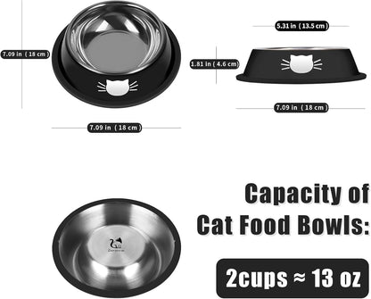 2 Pcs Non-Slip Stainless Steel Small Cat Food Bowls - Unbreakable, Thicken 13 Oz Cat Dishes - Indoor, Removable Rubber Base, Easily Clean, Lovely Color
