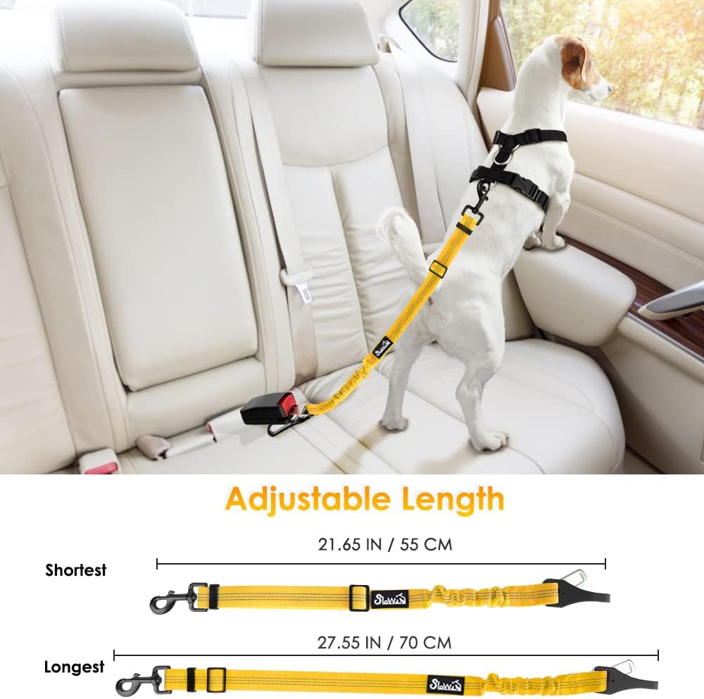 SlowTon Dog Harness, Adjustable Dog Seatbelt, 2 in 1 Latch Bar Attachment, Reflective Nylon Belt Tether, Yellow, 27.55in