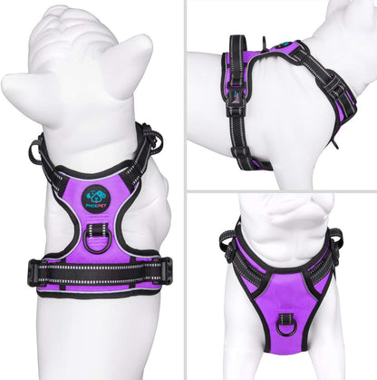 PHOEPET Reflective Dog Harness No Pull Large Breed Vest with 2 Metal Leash Attachment Hooks(L, Purple)