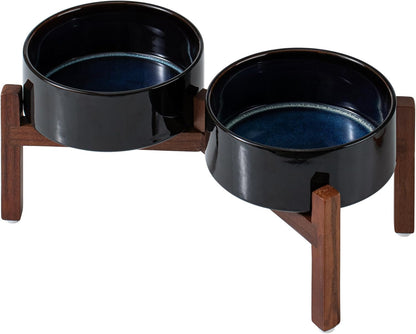 Ceramic 7.3inch Raised Double Dog Bowls Set with Acacia Wood Stand, Food & Water Bowls for Medium Breed Dogs, Weighted Pet Dishes(41oz, Starry Sky)