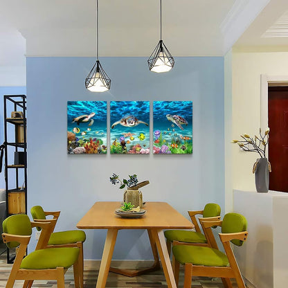 Canvas Wall Art for Living Room Large Size Wall decor for Bedroom Modern Bathroom Wall Decoration blue Ocean Wall Painting Sea Turtle Wall Pictures Ready to Hang Office Artwork 20" x 28" 3 Piece