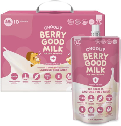 Berry Good Milk is a Lactose-Free, Vitamin-Infused Drink for Cats and Dogs. It Supports Urinary Health, Digestion, and Joint Function. Free from antibiotics, Grains, and Gluten.