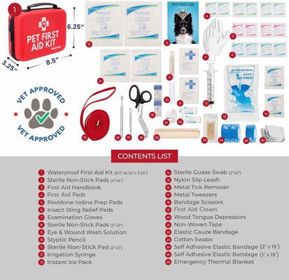 Dog First Aid Kit 2-Pack – Vet-Approved Pet First Aid Supplies for Dogs & Cats in Emergencies – Pet First Aid Guide, Tick Remover, Slip Leash & Medical Essentials for Home, Camping, Car, Travel