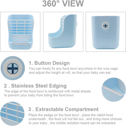 Litewoo Rabbit Hay Feeder Guinea Pig Feeder, 2 in 1 Automatic Small Animal Food Bowl Feeding Cage Accessories (Blue)