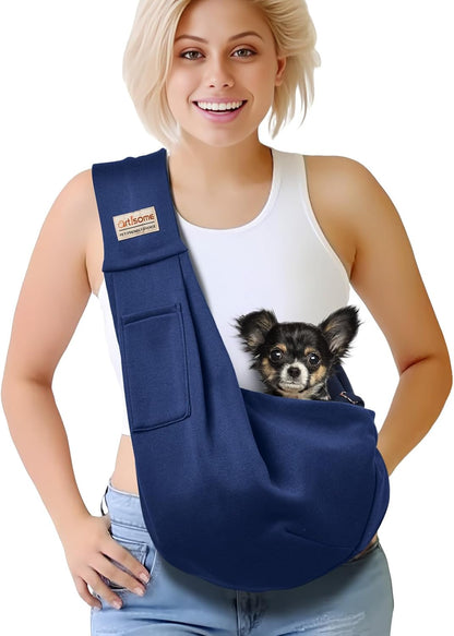 Pet Dog Sling Carrier for 3-10 lbs pet,Dog Purse Pouch,Dog Satchel,Reversible unadjustable Strap Travel Hand-Free Safe Bag Small Puppy Backpack (Dark Blue)