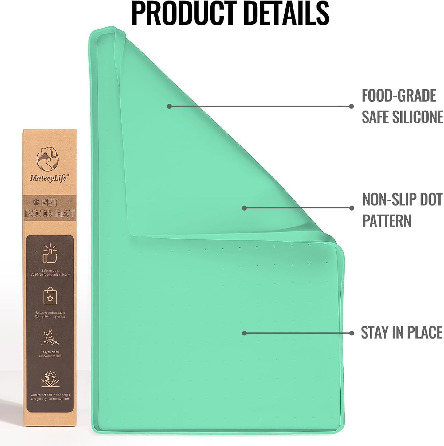 MateeyLife Dog & Cat Food Mat - Waterproof, Nonslip, Raised Edges, Silicone Tray for Messy Drinkers, 24"x16", Mint Green