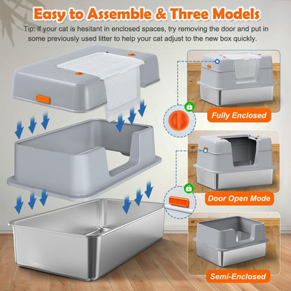 Vivifying Stainless Steel Litter Box with Lid, XL Side Entry Extra Large Litter Box for Big Cats & Kitty, Removable Enclosed Metal Cat Pan with High Sided Enclosure, Scoop, Mat, Footboard (Gray)