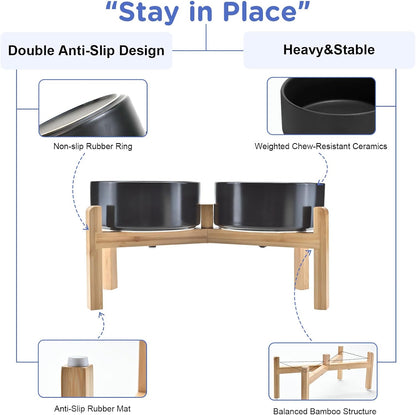 SPUNKYJUNKY Elevated Dog Bowls Ceramic, 7.3'' Dogs Food Water Bowls Raised with Non-Slip Bamboo Stand for Medium to Large Sized Breed Microwave Dishwasher Safe - 42 OZ,Black