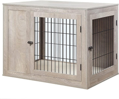 unipaws 41 Inch Furniture Style Dog Crate for Medium Large Dogs, Indoor Aesthetic Dog Stuff Kennel, Modern Wood Wire Cage, Pretty Cute End Side Table Nightstand, Weathered Grey
