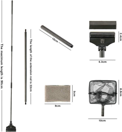 ZRDR Stainless Steel Algae Scraper Aquarium Cleaning Tool for Glass Aquariums, Including Algae Scraper, Sponge Pad, Fish Net, Cleaning Brush, Adjustable Length, Durable, Does Not Hurt The Fish Tank