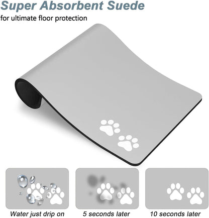 Rnivvi Dog Food Mat, 12" x 19" Footprint Absorbent Dog Cat Bowl Mat for Food and Water, Cute Anti-Slip Rubber Pet Feeding Rug Protect Floors, Puppy Placemat for Feeding & Watering Supplies, Gray