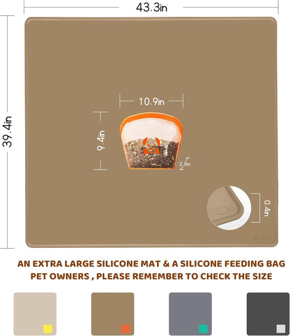 KVK Extra Extra Large Silicone Dog Food Mat 39.4×43.3in and 128oz Silicone Bag Set, Super Size Waterproof Pet Feeding Mat & Container, Non-Slip, Chew-Resistant Floor Protection (Taupe&Orange)