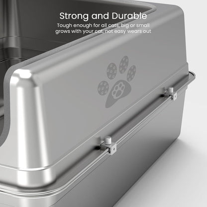 Enclosed Stainless Steel Cat Litter Box with Lid, Oversize Metal Litter Box for Multi Cats, Extra XXL Cat Toilet with High Side, Non-Stick, Anti-Leakage, Odorless, with Cat Litter Mat & Litter Scoop