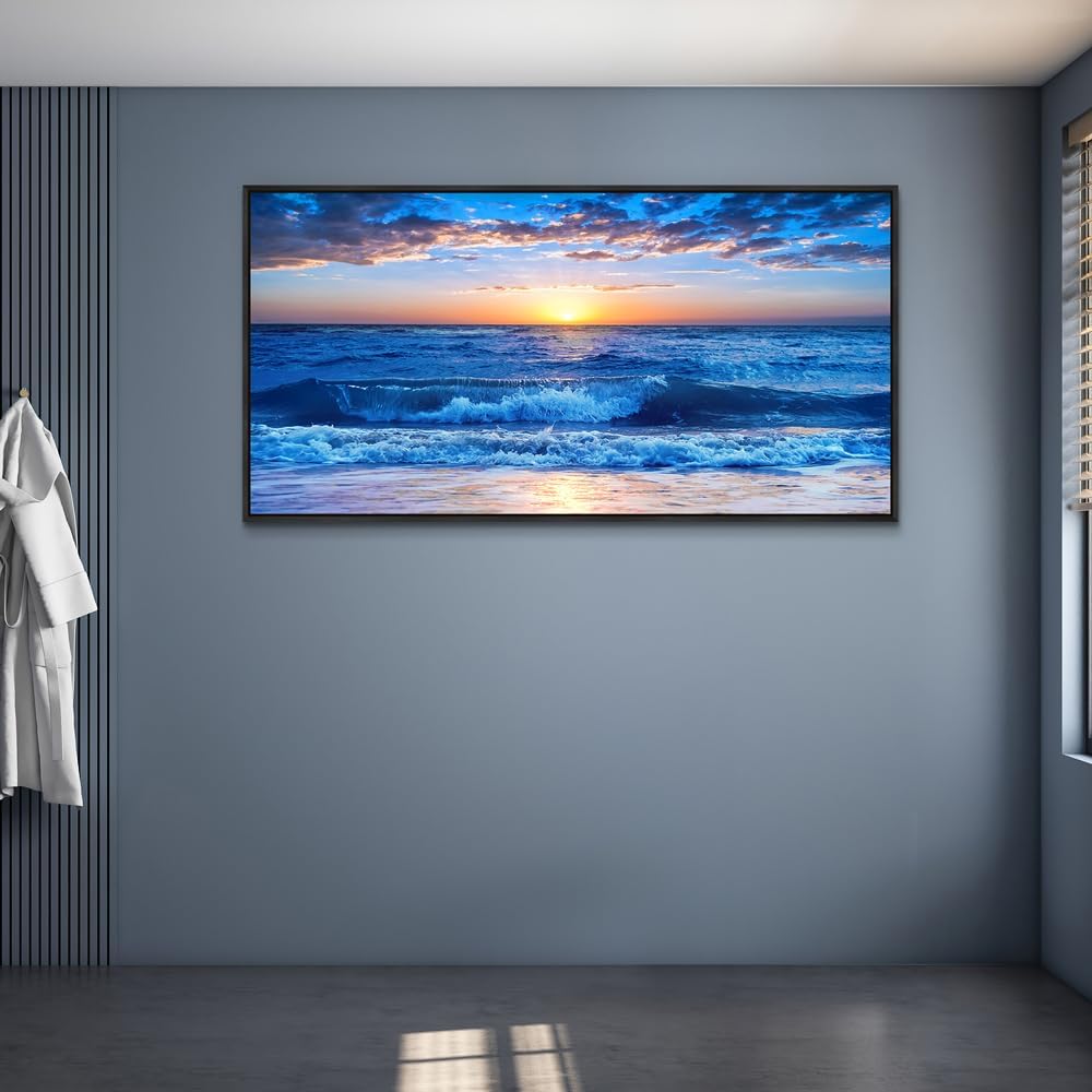 Wapluam Black Framed Canvas Wall Art For Living Room Large Wall Decor For Bedroom Office Wall Decorations Blue Ocean Beach Wall Painting Sunny Sea View Wave Wall Pictures Artwork Room Home Decor