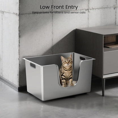 Stainless Steel Cat Litter Box 11.8” High Sides, Large Metal Litter Box with Low Entry for Big Cats, Leak-Proof Pet Toilet Kitty Litter Pan with Wheels for Mobility, Easy to Clean & Non-Stick