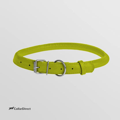 CollarDirect Rolled Leather Dog Collar, Soft Padded Round Puppy Collar, Handmade Genuine Leather Collar Dog Small Large Cat Collars 13 Colors (13-16 Inch, Lime Green Textured)