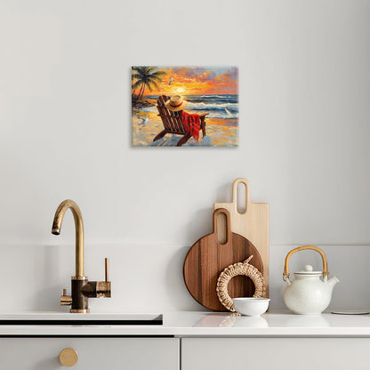 Beach Coastal Bathroom Pictures Wall Art, Seaside Ocean Bathroom Wall Decor, Sunrise Palm Framed Painting Canvas Artwork for Bedroom Living Room Decorations 16"L x 12"W